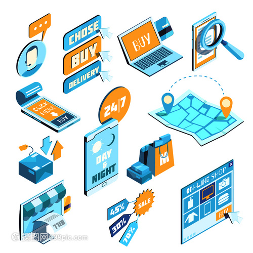 電子商務 等距設計下的藍色與黃色世界